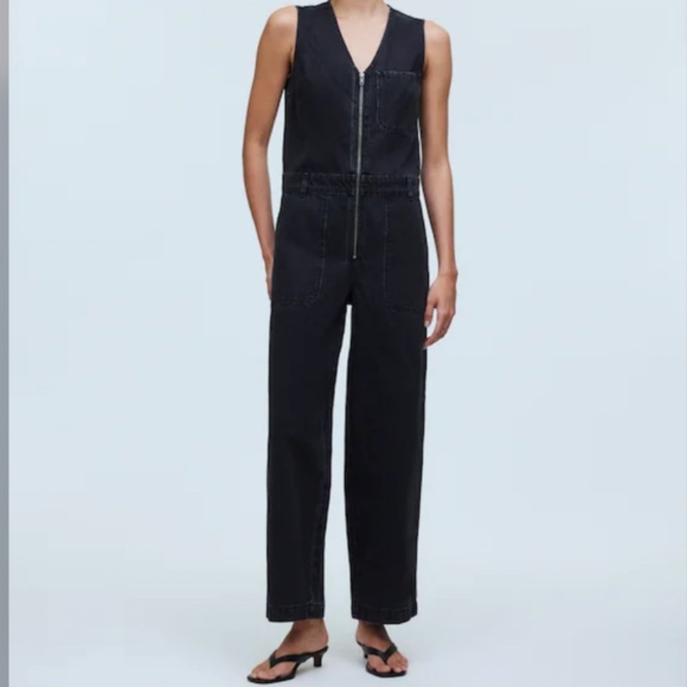Madewell Denim Zip-Front Sleeveless Jumpsuit in Black Tarrybrook Wash SZ XL